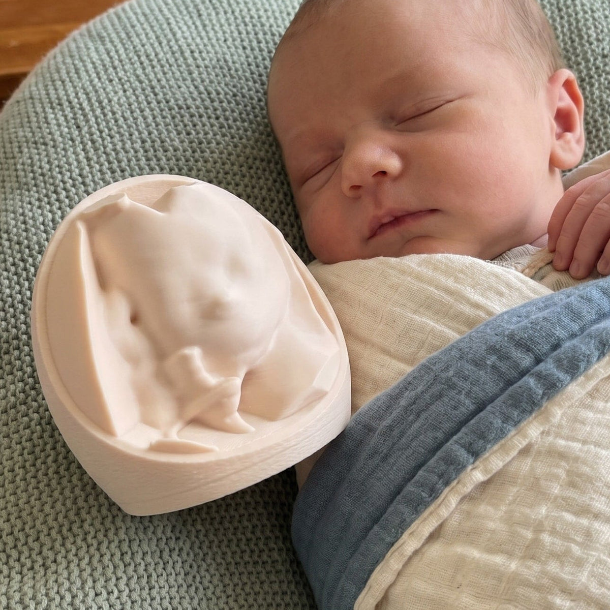 A sleeping newborn baby is swaddled in a cream and blue blanket, with a beige 3D print keepsake resting beside the baby, which is a replica of the baby when they were in the womb.