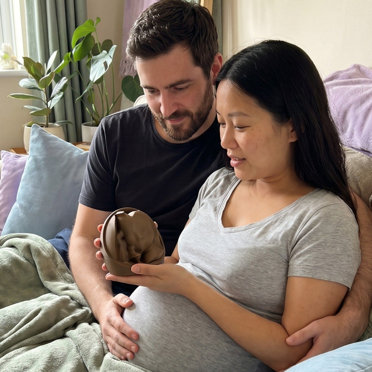 Two expectant parents sit together on a sofa in a living room, with the mother holding a realistic 3D printed ultrasound keepsake of her baby.