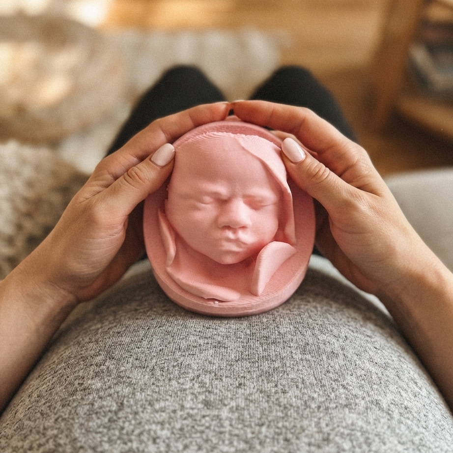 A close-up of a mother holding a pink 3D printed baby face on their stomach, with their hands gently framing the object.